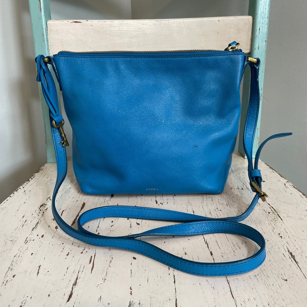 Fossil Blue Pebbled Leather Crossbody Bag Brass Key Charm Purse READ